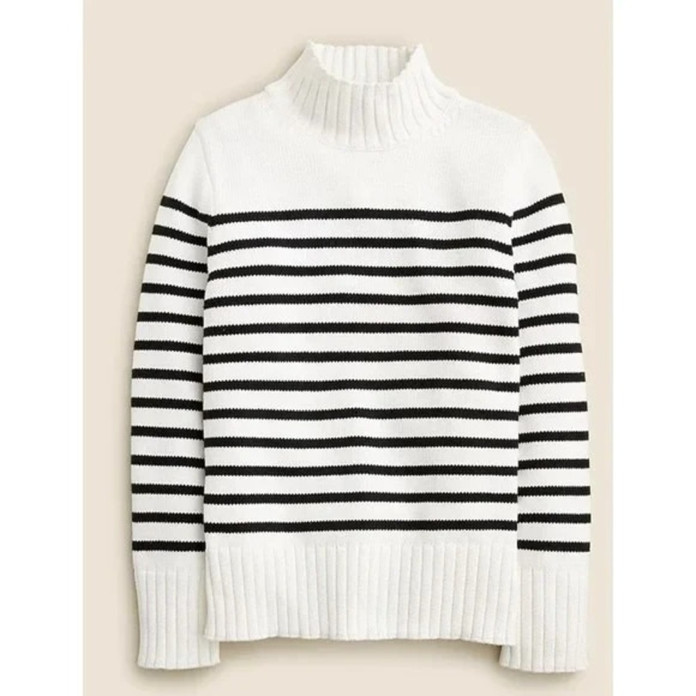 J. Crew Cotton Turtleneck White Chunky Knit Sweater in Black‎ Stripe Size Small